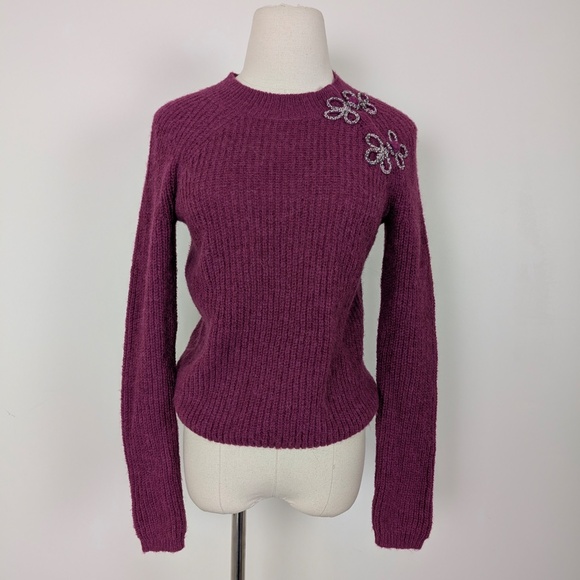 J. Crew Pink Knit Crew Neck Ribbed Long Sleeve Asymmetrical Beaded Shoulder - Picture 2 of 11